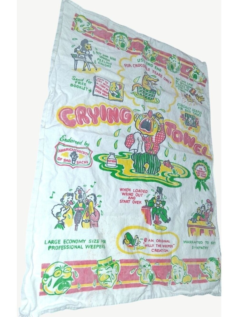 Crying Towel Willy The Weeper Large Novelty Handkerchief Cartoon Humor Towel*64